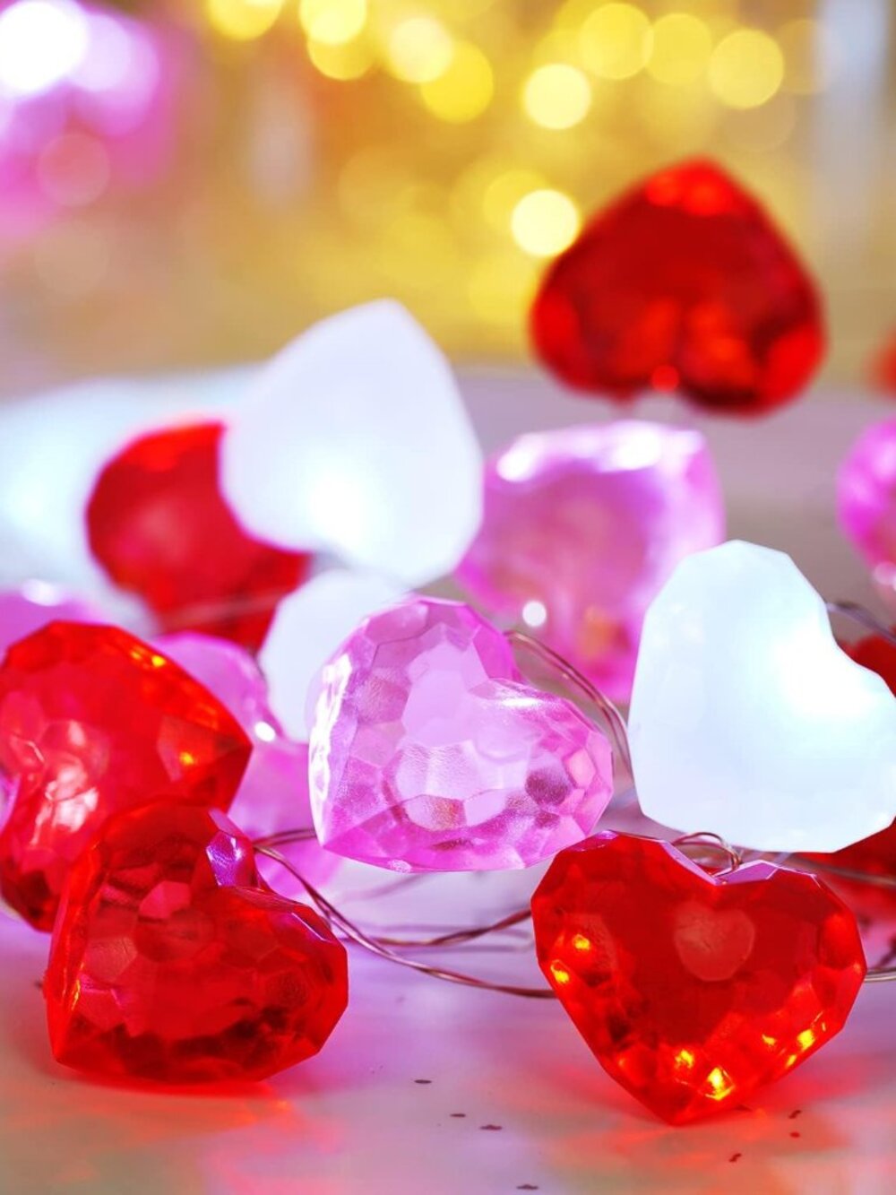 Valentine Day Decor 10 ft 30 LEDs 3D Heart Lights, Red White Pink
